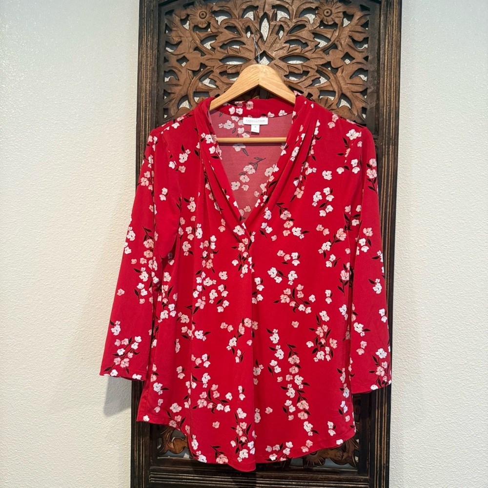 Charter Club cherry blossom red Floral V-Neck Long Sleeve Blouse